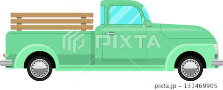 Vintage light green pickup truck with a wooden plank truck bed against a black background 131469905
