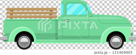 Vintage light green pickup truck with a wooden plank truck bed against a black background 131469905
