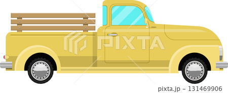 Yellow pickup truck with wooden bed, side view, showcasing vintage automotive design elements. Yellow pickup truck with wooden bed, side view, showcasing vintage automotive design elements. 131469906