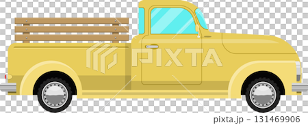 Yellow pickup truck with wooden bed, side view, showcasing vintage automotive design elements. 131469906