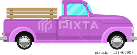A lavender pickup truck with a light wood bed and chrome accents, isolated on a black background A lavender pickup truck with a light wood bed and chrome accents, isolated on a black background 131469907