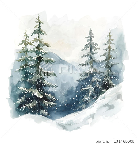 雪が降る冬の針葉樹林（水彩） 131469909