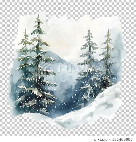 雪が降る冬の針葉樹林（水彩） 131469909