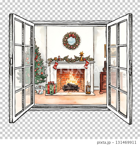 帶壁爐和窗戶的客廳（聖誕節） 131469911
