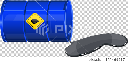 A blue barrel with a yellow hazard sign is leaking black oil on a plain background. A blue barrel with a yellow hazard sign is leaking black oil on a plain background. 131469917