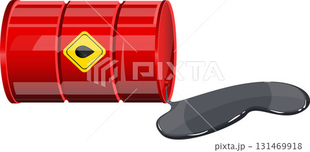 Red barrel with a warning sign leaking a dark liquid substance on a black surface. Red barrel with a warning sign leaking a dark liquid substance on a black surface. 131469918