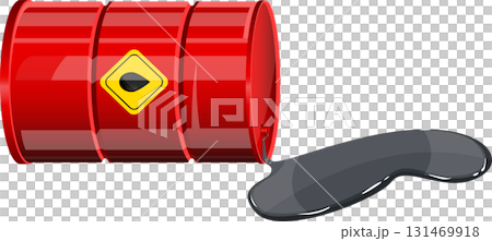 Red barrel with a warning sign leaking a dark liquid substance on a black surface. Red barrel with a warning sign leaking a dark liquid substance on a black surface. 131469918
