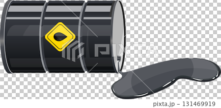 Leaking barrel of dark liquid with yellow warning sign, symbolizing environmental pollution. Leaking barrel of dark liquid with yellow warning sign, symbolizing environmental pollution. 131469919