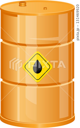 Orange barrel with a yellow diamond-shaped label with a black liquid droplet inside. Cylindrical 131469920