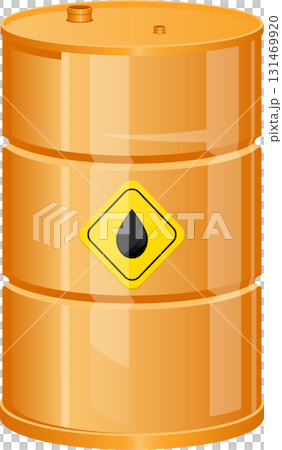 Orange barrel with a yellow diamond-shaped label with a black liquid droplet inside. Cylindrical 131469920