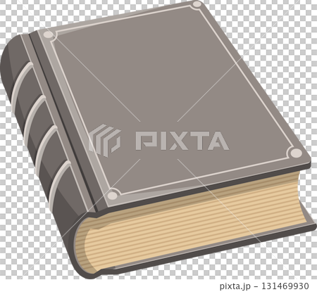 An antique book with a gray cover and decorative trim sits upright. A classic design. 131469930