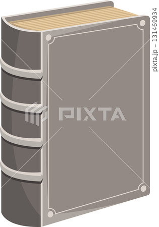 An illustration of a closed, hardcover book with a dark gray cover and tan page edges visible. 131469934