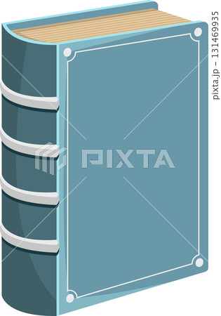 A stylized illustration of a hardback book, light blue cover, and tan pages on white background. 131469935