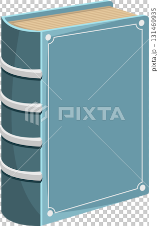 A stylized illustration of a hardback book, light blue cover, and tan pages on white background. 131469935