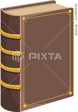 An illustration of a bound book stands upright, its brown cover adorned with gold accents and designs. An illustration of a bound book stands upright, its brown cover adorned with gold accents and designs. 131469936