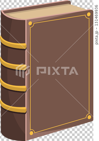 An illustration of a bound book stands upright, its brown cover adorned with gold accents and designs. An illustration of a bound book stands upright, its brown cover adorned with gold accents and designs. 131469936