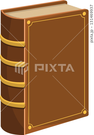 A leather-bound book stands upright, its pages aged and its cover adorned with decorative trim. 131469937