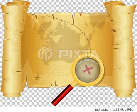 Rolled parchment map with a magnifying glass highlighting a marked treasure location on it. 131469940