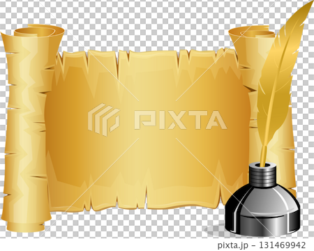 Aged parchment scroll with rolled edges, accompanied by a golden quill and inkwell for writing. 131469942