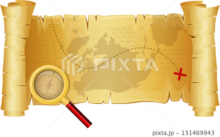 Antique scroll with a treasure map, dotted route, marked with a red "X" and magnifier glass Antique scroll with a treasure map, dotted route, marked with a red "X" and magnifier glass 131469943