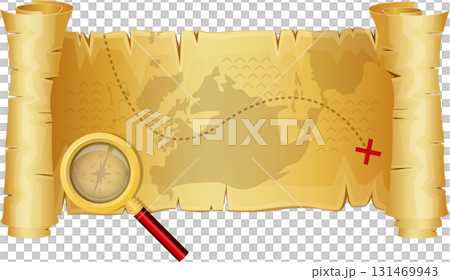 Antique scroll with a treasure map, dotted route, marked with a red "X" and magnifier glass Antique scroll with a treasure map, dotted route, marked with a red "X" and magnifier glass 131469943