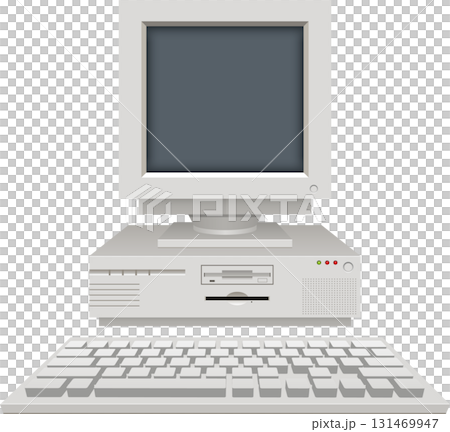 Retro Computer setup with monitor, computer tower, and keyboard for classic computing tasks. 131469947