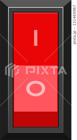 Red switch with "I" and "O" markings inside a gray frame, used for turning on/off equipment Red switch with "I" and "O" markings inside a gray frame, used for turning on/off equipment 131469967