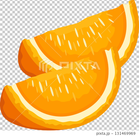 Two vibrant orange wedges, juicy and refreshing, are stacked enticingly for a tasty treat. 131469969