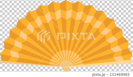 A golden hand fan with a geometric design spreads out in a semi-circular shape on black backdrop. 131469985