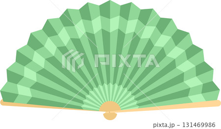 Elegant light green fan with geometric pattern and tan handle, perfect for staying cool. 131469986