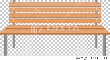 Park bench with horizontal wooden slats and metal legs for resting in public spaces. 88 characters 131470011