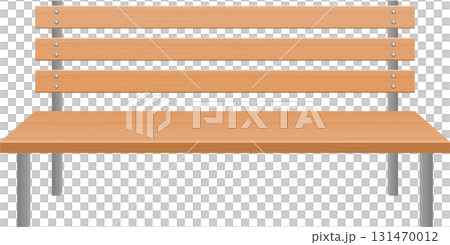 A wooden bench with a backrest made of multiple horizontal planks sits against a black backdrop. A wooden bench with a backrest made of multiple horizontal planks sits against a black backdrop. 131470012