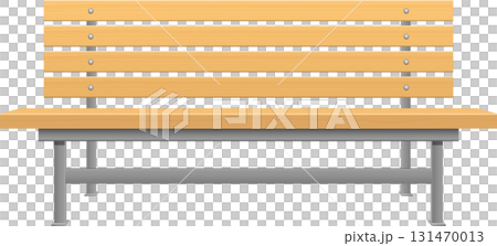 A wooden park bench with a slatted backrest and a gray metal frame against a black background. 131470013