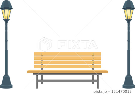 A park bench sits illuminated between two vintage streetlights against a stark black background. 131470015