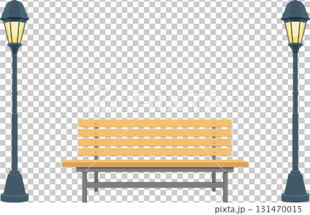 A park bench sits illuminated between two vintage streetlights against a stark black background. 131470015