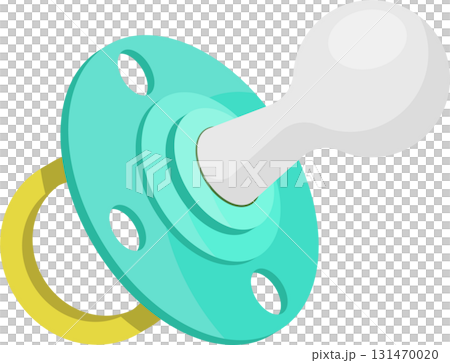 A colorful pacifier with a turquoise shield, gray nipple, and yellow ring, angled on a black background. 131470020