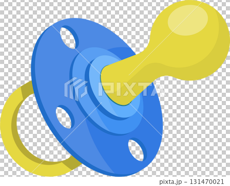 A pacifier with a yellow handle and a blue center, essential for soothing babies, cartoon style. 131470021