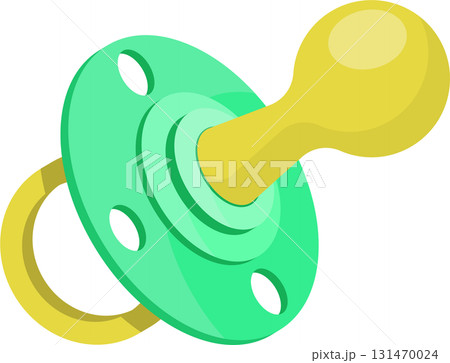 Illustration of a pacifier with a green shield, yellow nipple, and yellow circular handle. 131470024