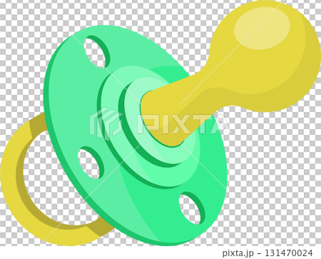 Illustration of a pacifier with a green shield, yellow nipple, and yellow circular handle. 131470024