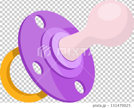 A vibrant, cartoon-style pacifier in purple, gold, and light pink for infants and babies. A vibrant, cartoon-style pacifier in purple, gold, and light pink for infants and babies. 131470025