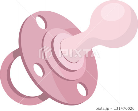 A pink, baby pacifier with a plastic body, a large bulb, and a looped handle to hold onto. A pink, baby pacifier with a plastic body, a large bulb, and a looped handle to hold onto. 131470026