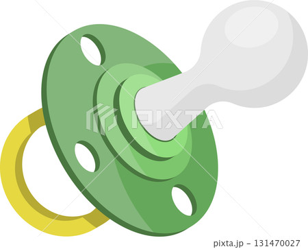 Green and yellow baby pacifier with a white nipple used for soothing infants and young children. Green and yellow baby pacifier with a white nipple used for soothing infants and young children. 131470027