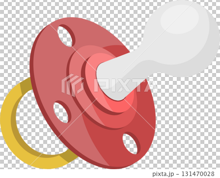 A cartoon-style illustration of a pacifier with a red shield, white nipple, and yellow handle. A cartoon-style illustration of a pacifier with a red shield, white nipple, and yellow handle. 131470028