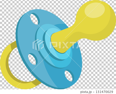A cartoon pacifier with a blue base, yellow handle and nipple, designed for babies 131470029