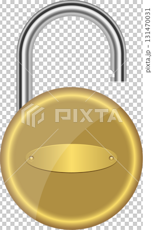 Unlocked round brass lock with silver shackle. The lock is open and ready to protect. 131470031
