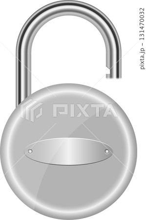 A metallic round lock is featured with its shackle open, against a plain black background. 131470032