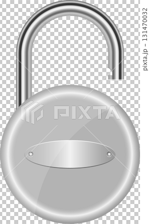 A metallic round lock is featured with its shackle open, against a plain black background. 131470032