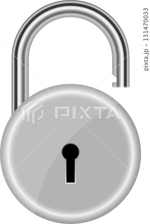 A shiny, metallic padlock is in an unlocked position, its shackle released from the lock body. 131470033