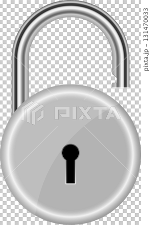 A shiny, metallic padlock is in an unlocked position, its shackle released from the lock body. 131470033