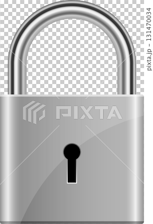 A sleek metallic padlock with a rounded shackle, representing security, safety, and protection. 131470034